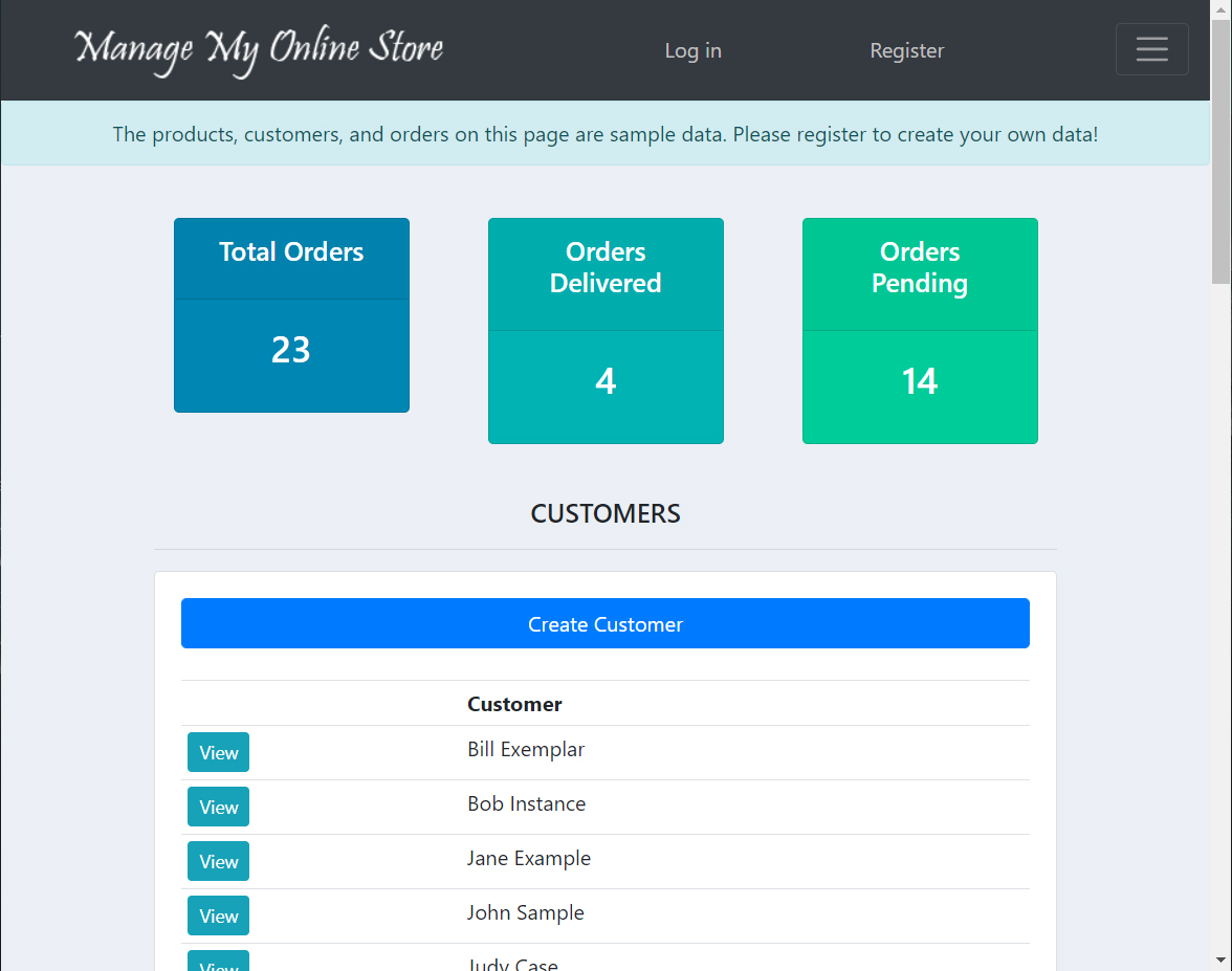 Home page of Manage My Online Store website